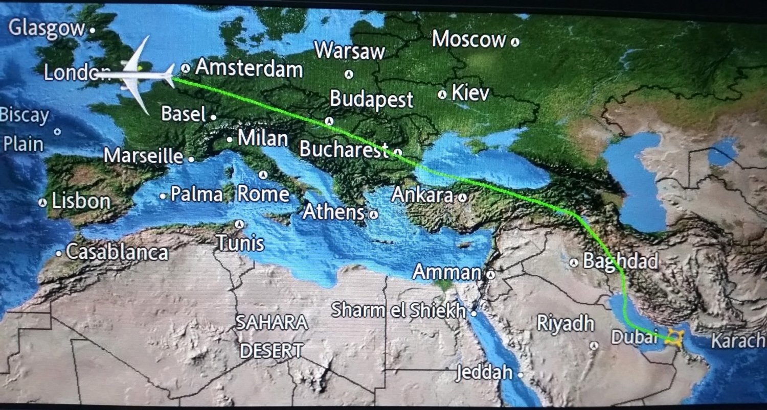 Image of flight path from Dubai to London, as my RBA Boeing Dreamliner 787 approaches Heathrow airport