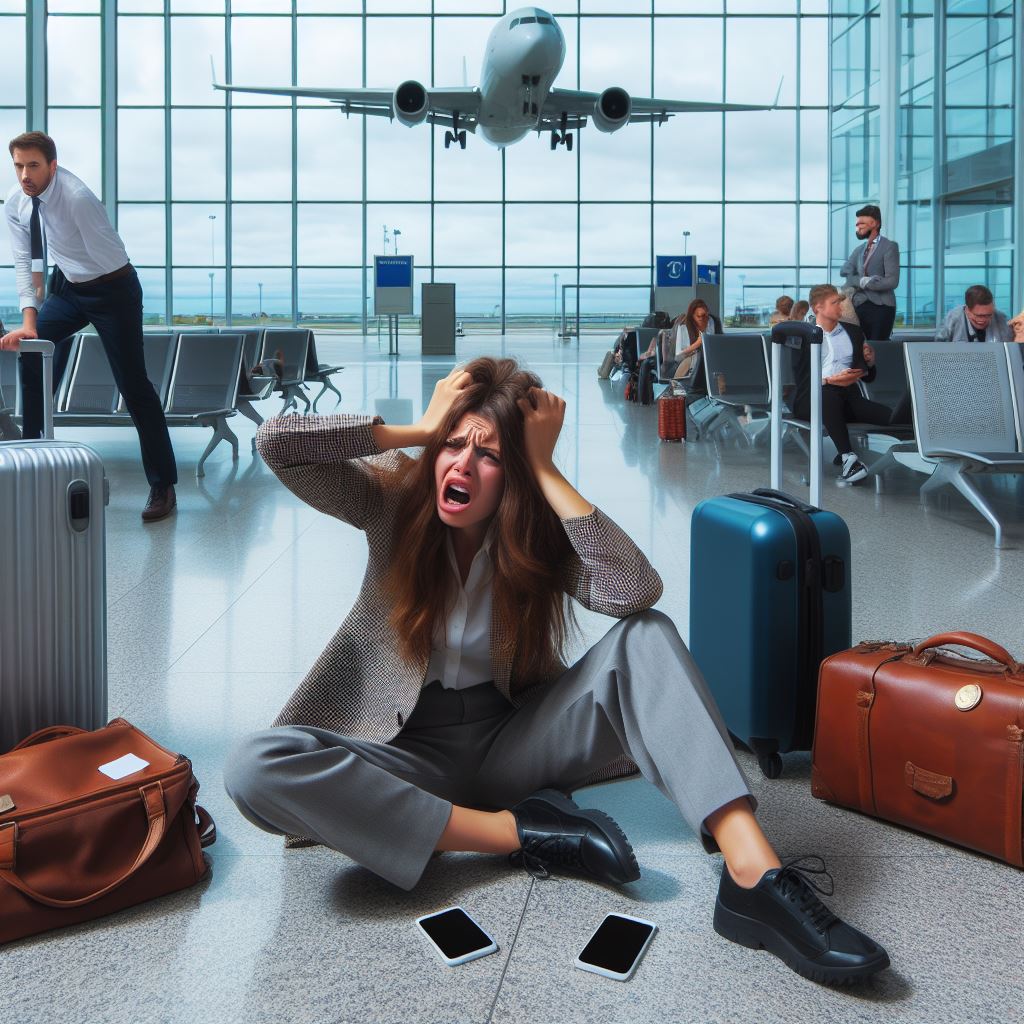 AI generated image of a distressed female traveler inside an airport terminal building