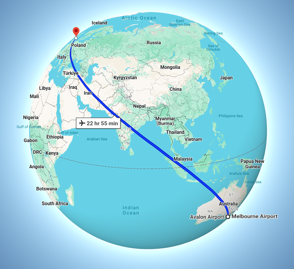 Google image of the globe, showing a flight-path from Melbourne, Australia, to the UK