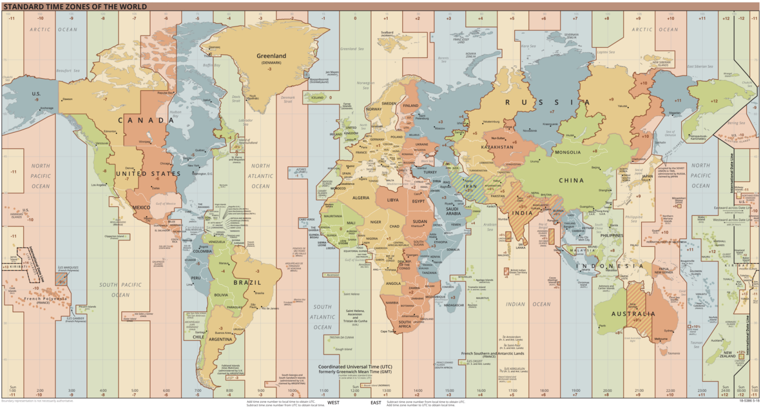 Map showing the timezones of the world - sourced from CIA World Factbook, via Wikimedia