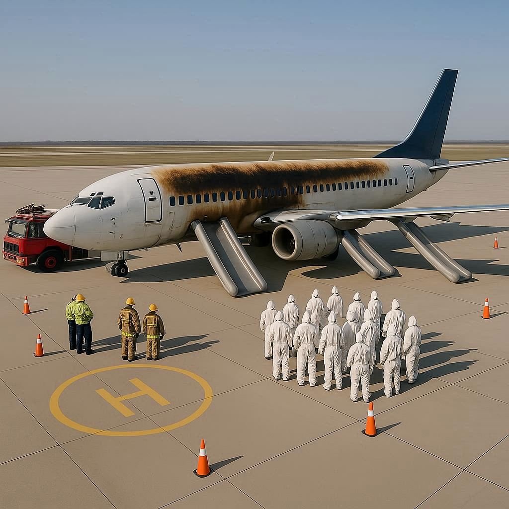 Image of airliner at an airport, with a severely scorched roof, and emergency shutes deployed.