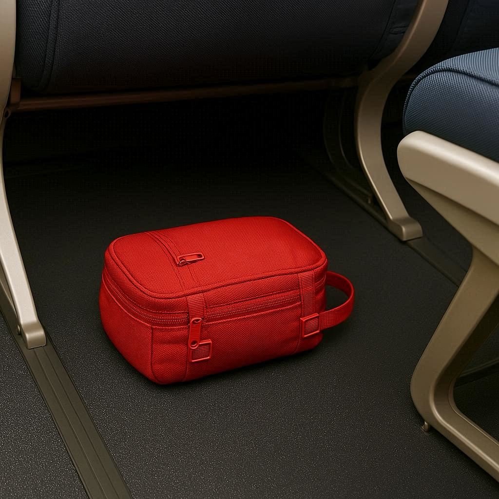 Image of a packing cell under the seat of the passenger in front, inside an aircaft cabin