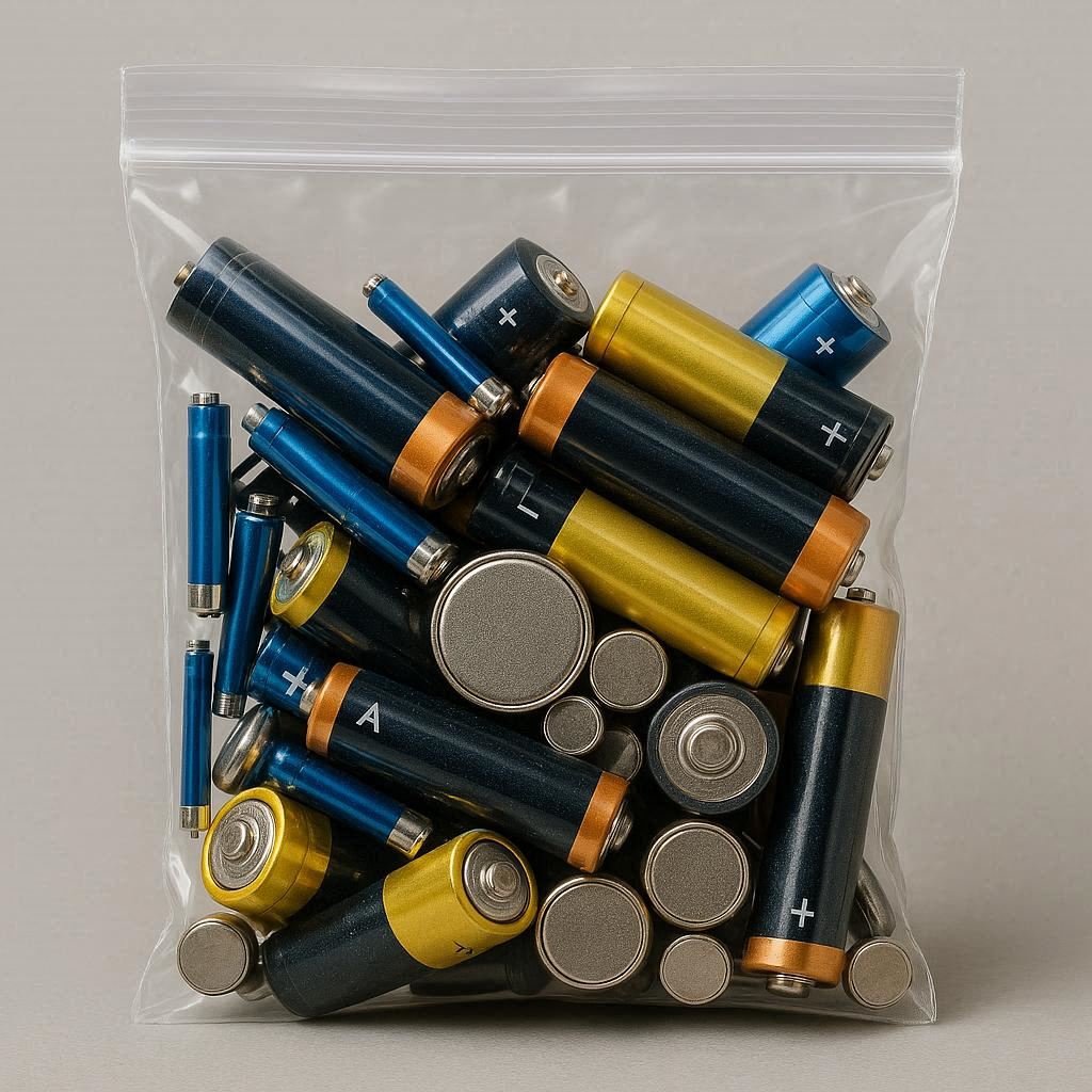 Image of numerous assorted loose batteries in a clear plastic bag