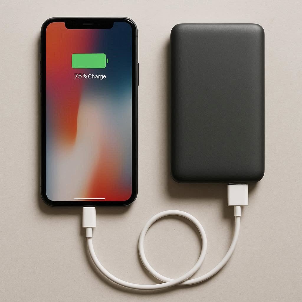 image of a mobile phone connected by cable to a power bank