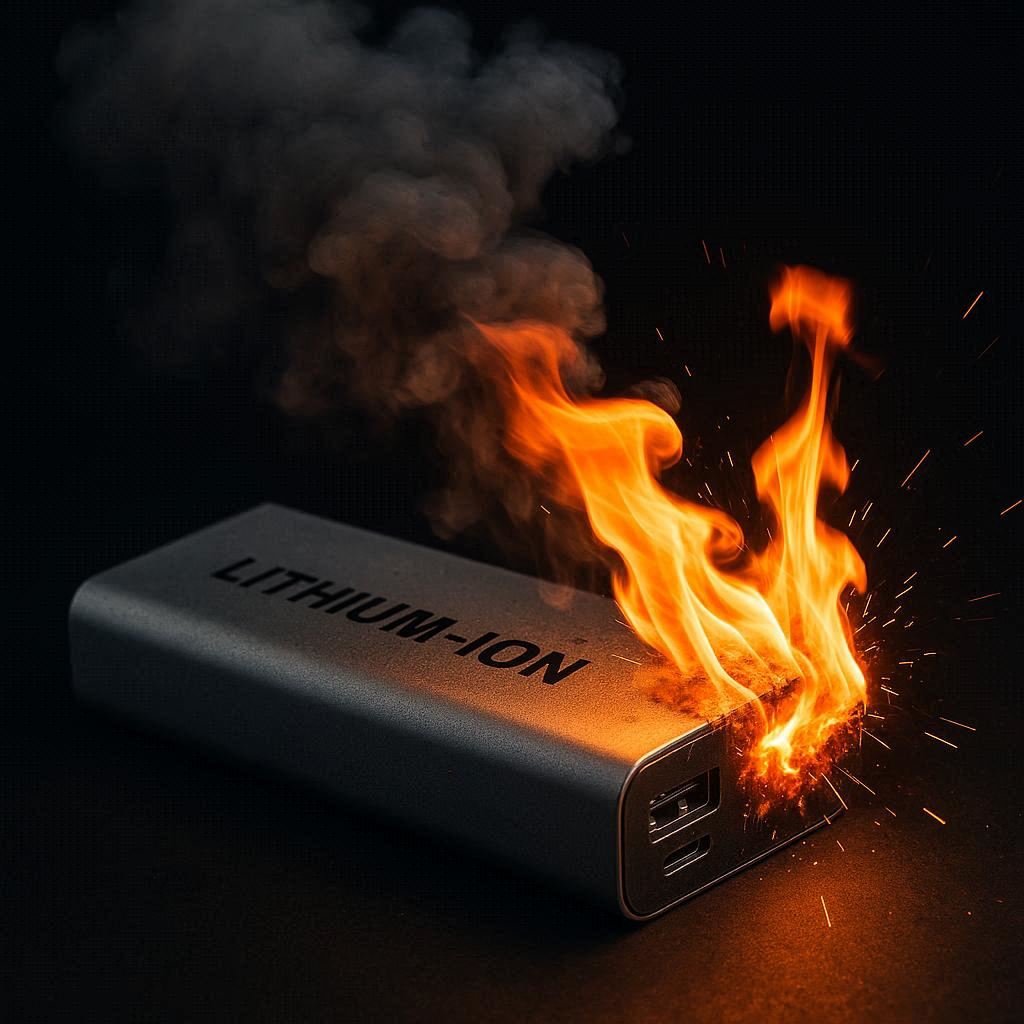 Image of lithium-ion power bank which has caught fire