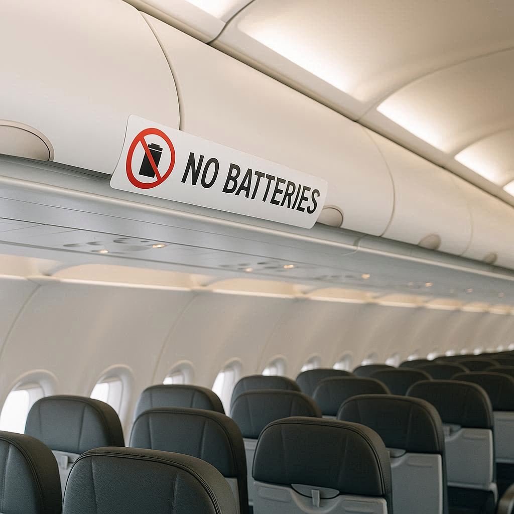 Image of inside of airline cabin, with words NO BATTERIES across the overhead bins