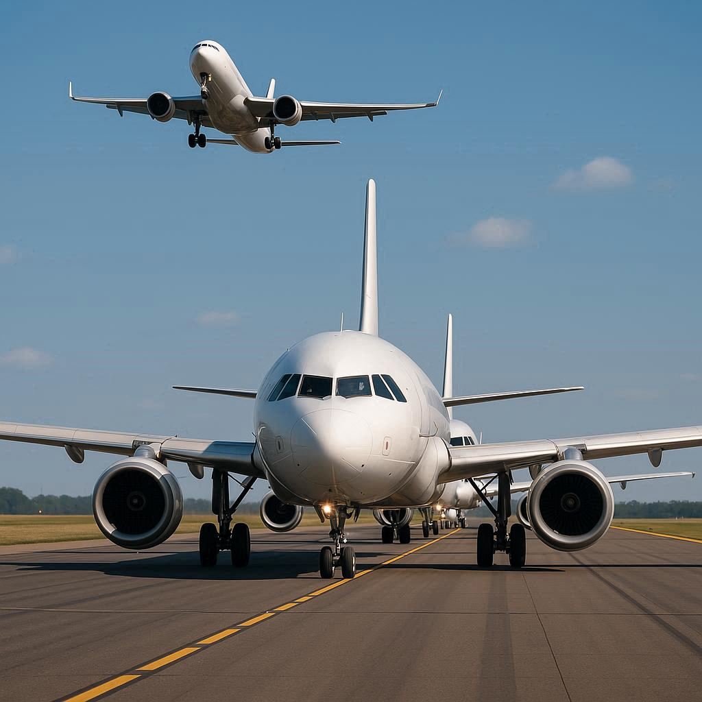 Image showing two airliners taxing for take-off, with another flying overhead