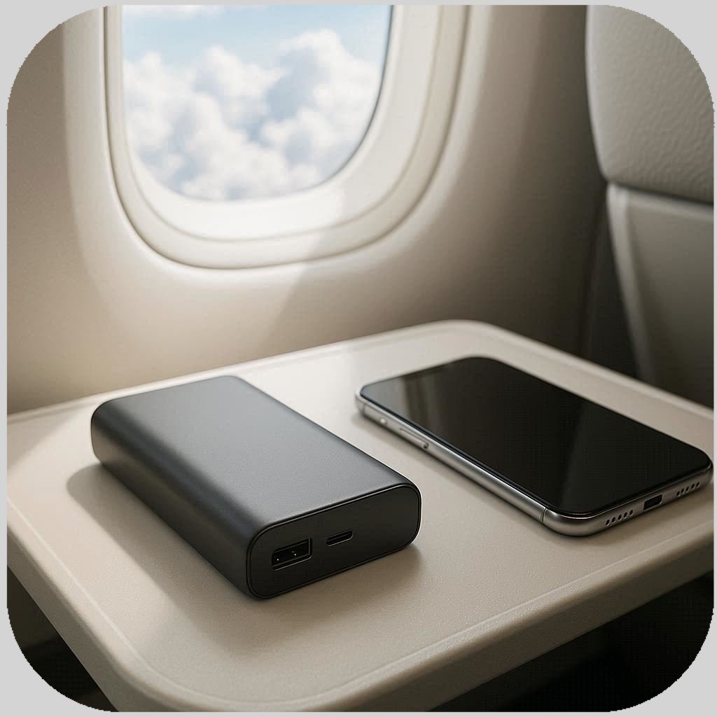 Image of power bank and mobile phone on tray inside of aircraft cabin