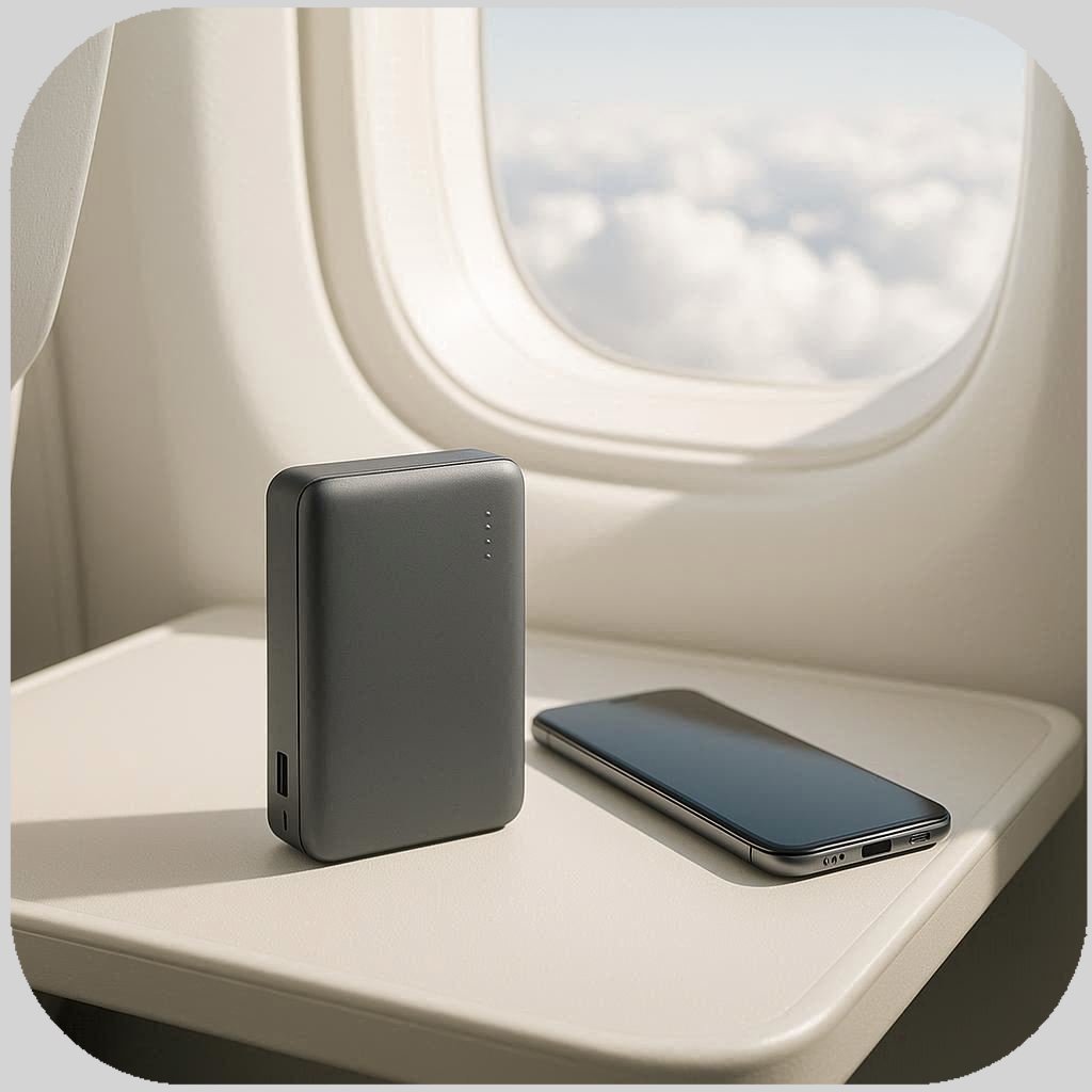 Image of power bank and mobile phone on a tray inside an airliner cabin