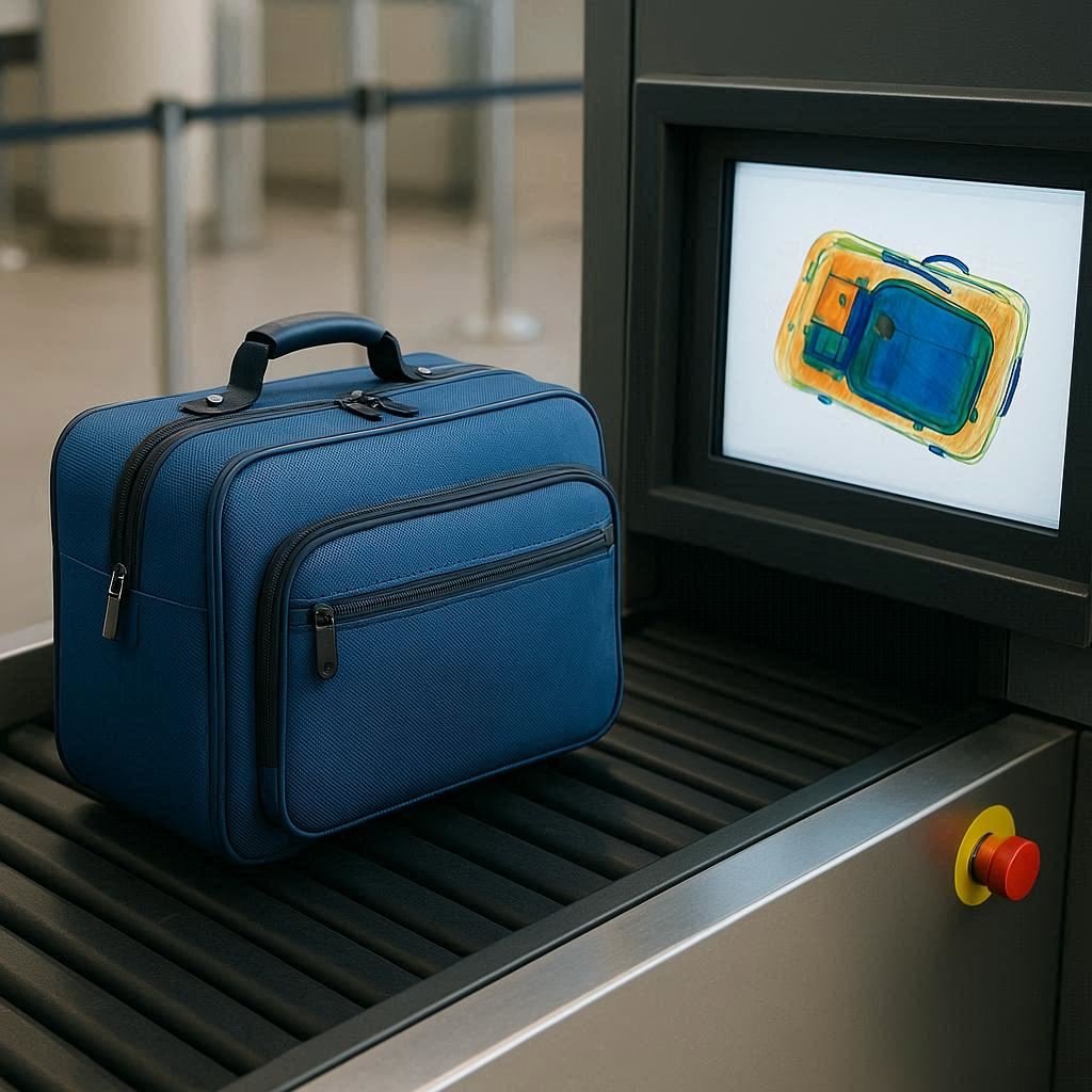 Image of bag emerging from scanning at airport check-in