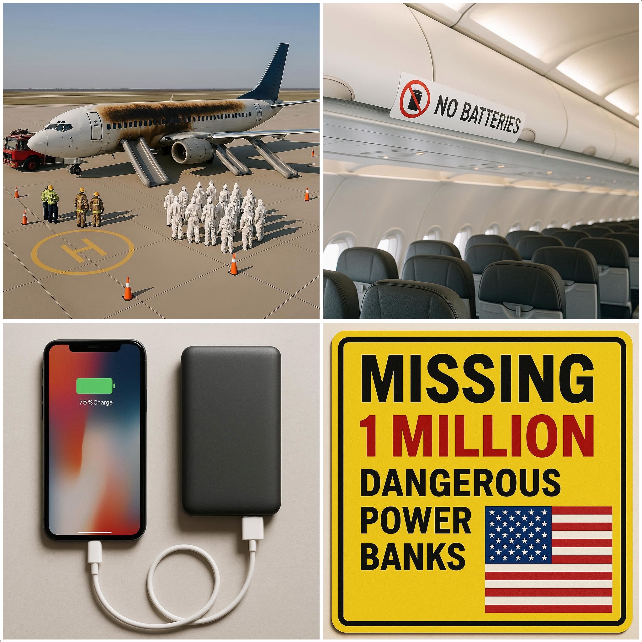 Collage of four aviation-related images - top-left = airliner with badly scorched roof; top-right = No Batteries sign on bins in aircraft cabin; bottom-left = mobile phone connected to power bank; bottom-right = Sign saying 1 million missing dangerous power banks