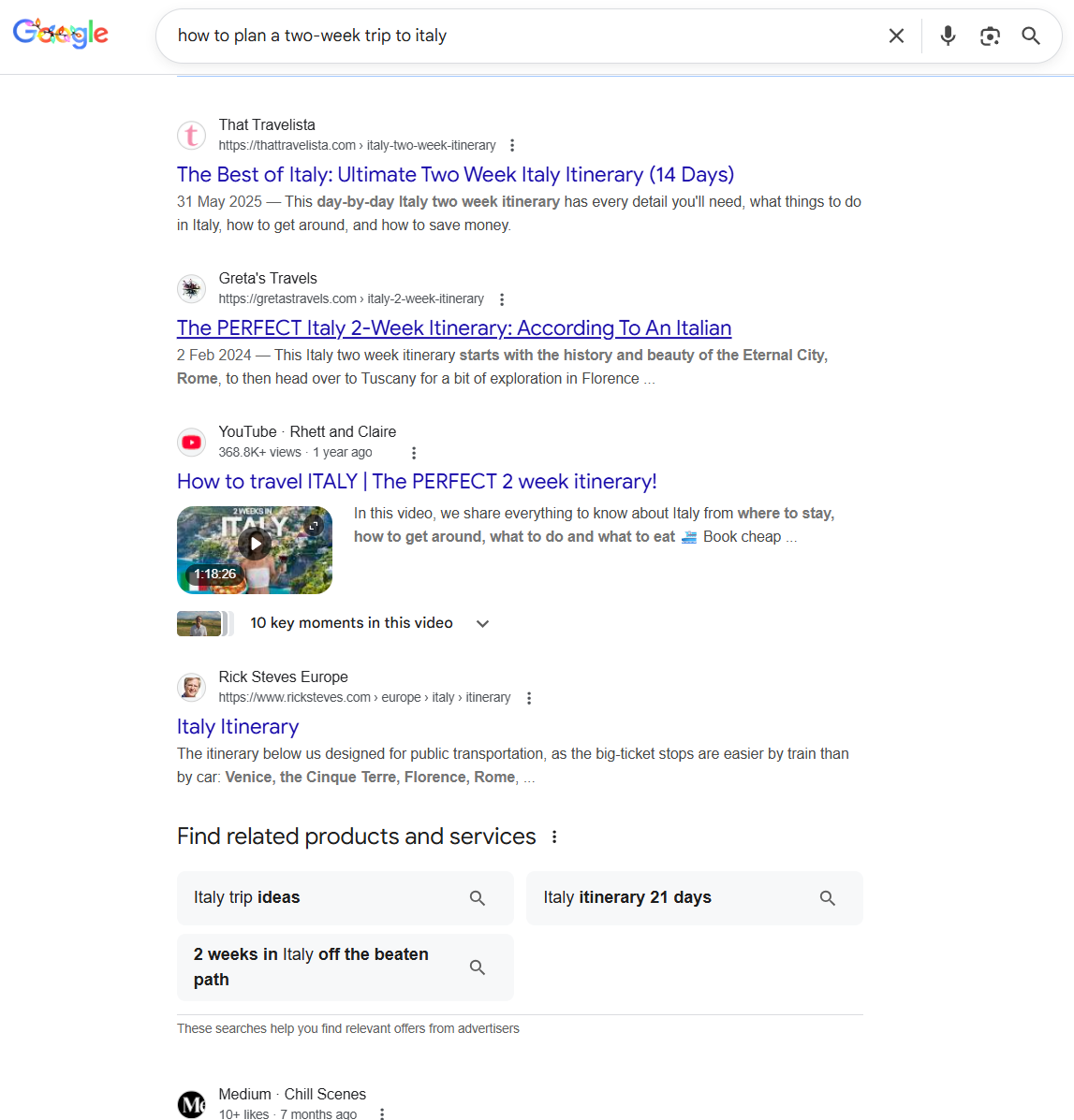 Image of a Google SERP for planning a two-week trip to Italy