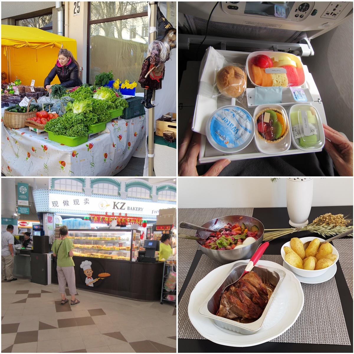 Collage of four images: top-left = Market stall, Kaunas, Lithuania; top-right = In-flight fruit platter; bottom-left = Kampung Admiralty Hawker Centre; bottom-right = Home-cooked meal in Vilnius