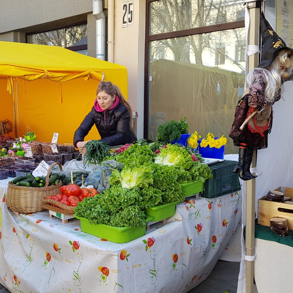 Cimage shows a vegetable stall in the local market in Kaunas, Lithuania