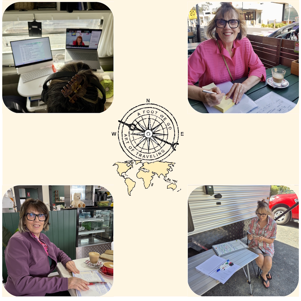 Collage of four images of Marlene, with Art of Traveling brand in centre - top-left = coaching session from caravan; top-right = working on content in cafe office; bottom-left = working on content in another cafe office; bottom-right = working on content at caravan
