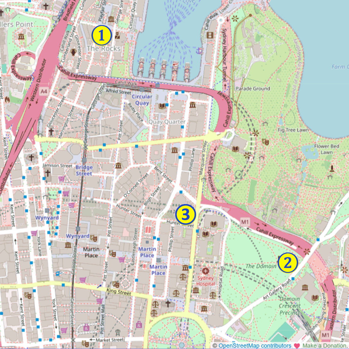 map showing the relative locations of free Art Galleries in Sydney’s CBD: 1. Museum of Contemporary Art (MCA); 2. Art Gallery of NSW; 3. State Library of NSW (extensive Art Collection)