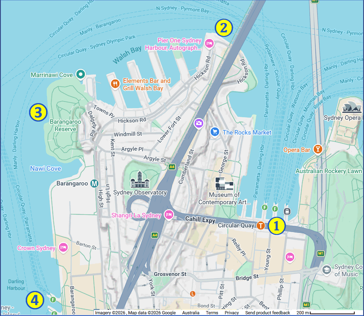Google map showing the relative locations of Circular Quay, Dawe’s Point, Barangaroo Reserve, and the Barangaroo Ferry wharf 