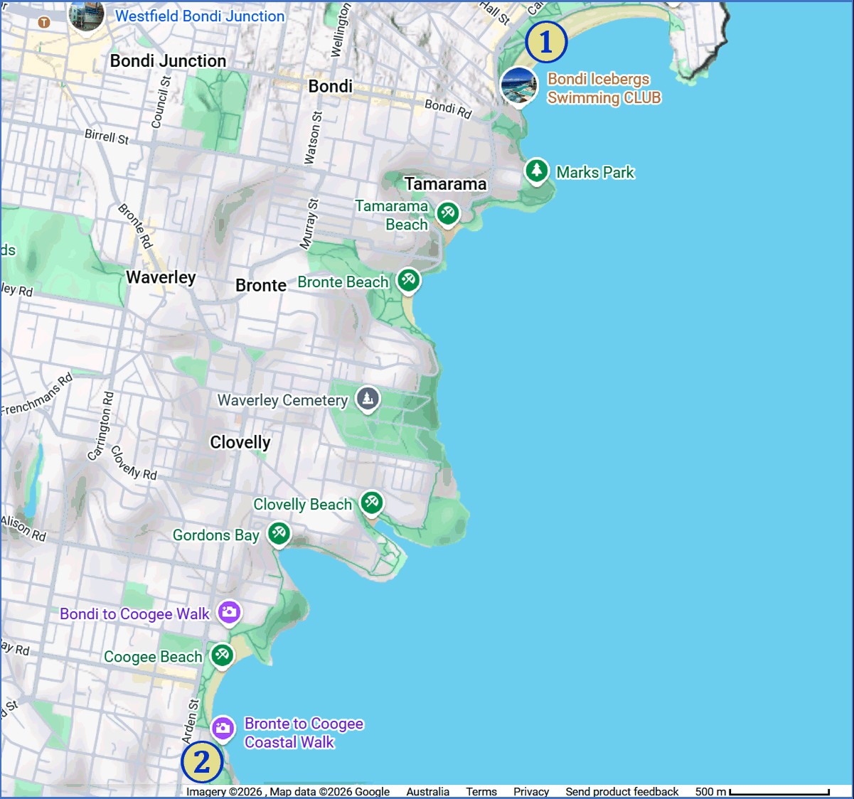 Google map showing the relative locations of Bondi Beach and Coogee Beach