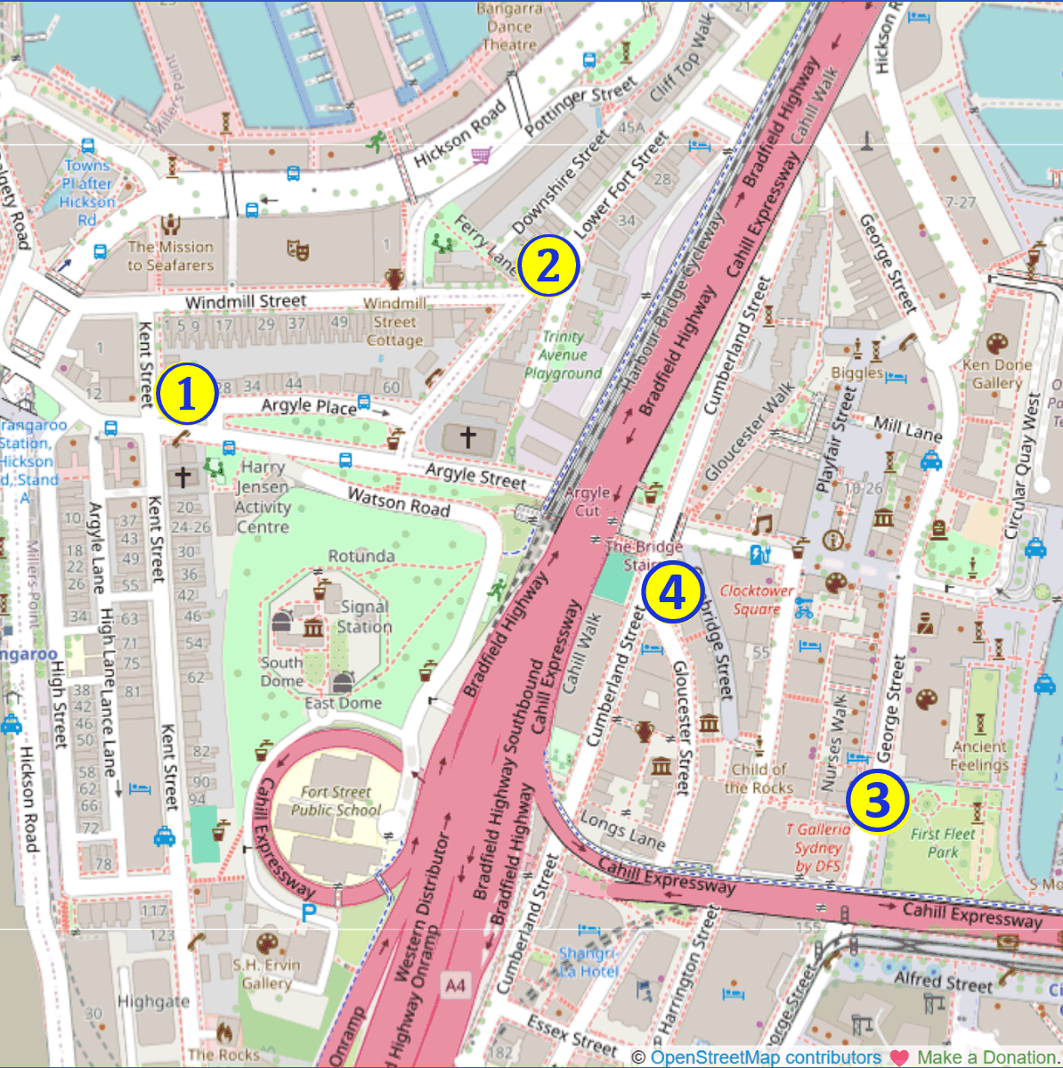 Showing the relative locations of four remaining colonial-era pubs: 
	1. The Lord Nelson Brewery Hotel
	2. The Hero of Waterloo
	3. The Fortune of War
	4. Australian Heritage Hotel
