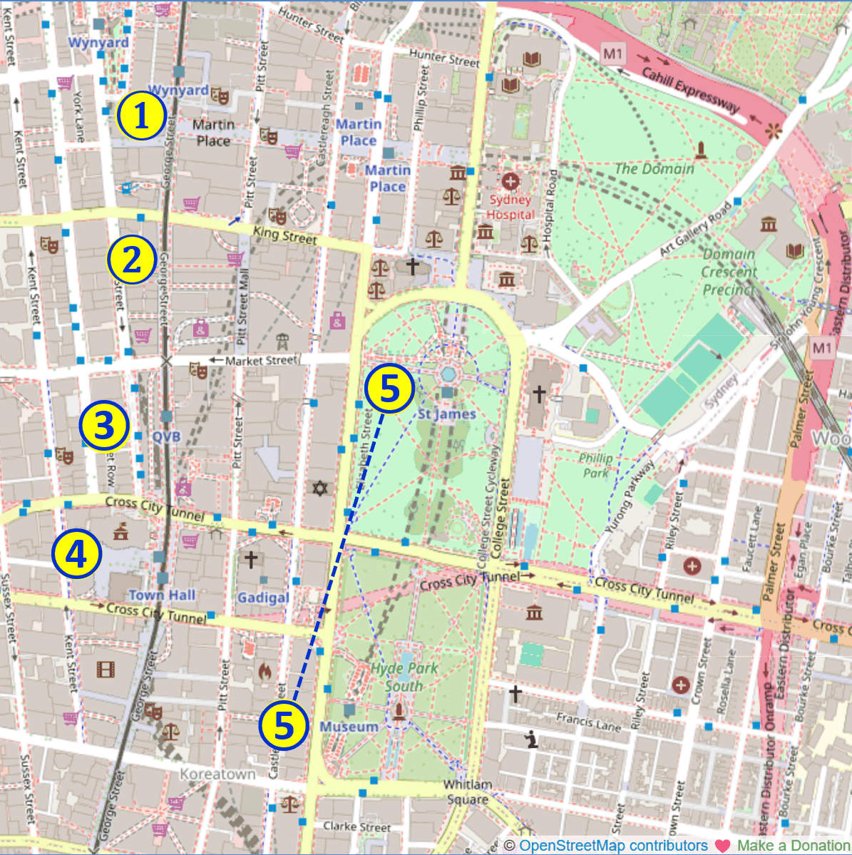 map showing the relative locations of Free Indoor Activities (wet weather) 1-5: 1. Old Sydney GPO; 2. Strand Arcade; 3. Queen Victoria Building; 4. Sydney Town Hall; 5. Museum & St James Stations