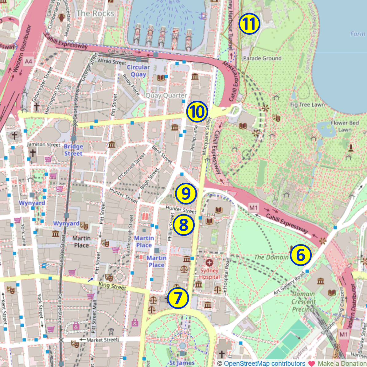 map sowing the relative locations of Free Indoor Activities (wet weather) 6-11: 6. Art Gallery of NSW; 7. Hyde Park Barracks; 8. NSW Parliament; 9. State Library of NSW; 10. Conservatorium of Music; 11. Government House