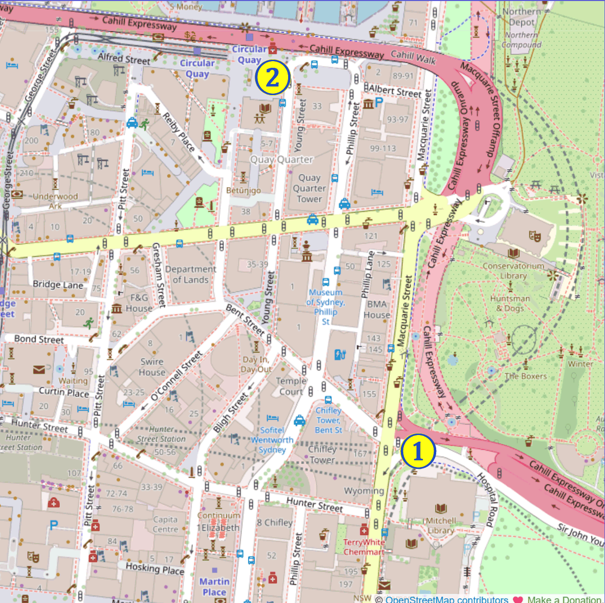 map showing the relative locations of Public Libraries within Sydney’s CBD: 1.  State Library of NSW; 2.  Customs House Library – City of Sydney 