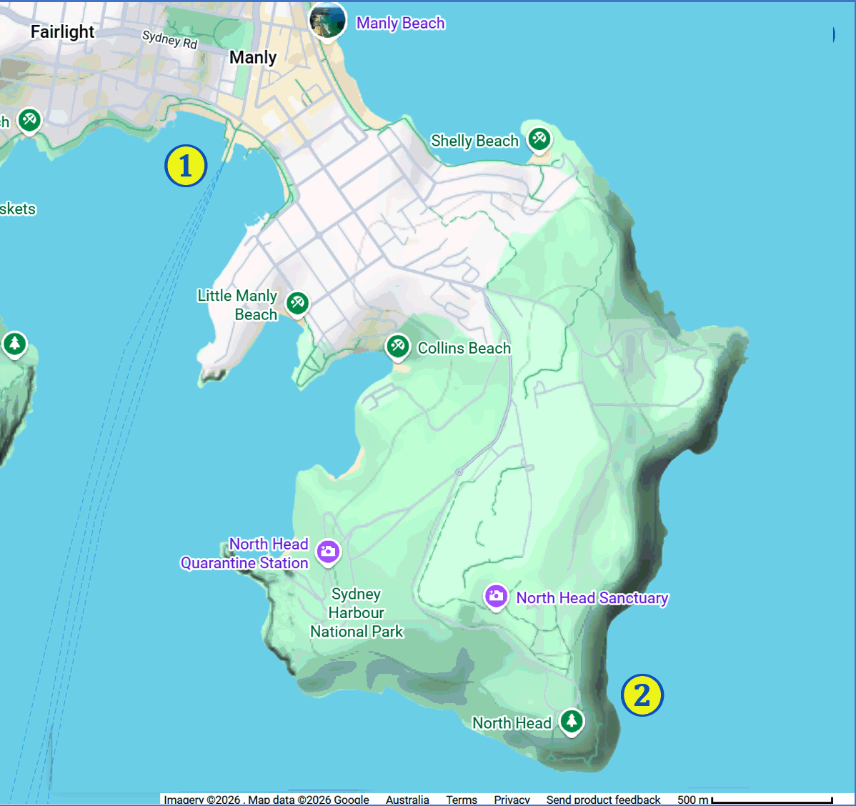 Google map showing the relative locations of Manly Wharf and North Head