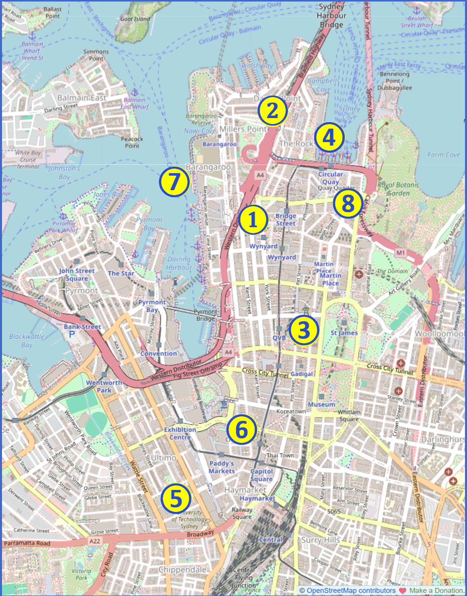 map showing the relative locations of Sydney’s modern architecture:  1.  Australia Square Tower; 2.  Sirius Building; 3.  Sydney Tower Eye; 4.  Museum of Contemporary Art (MCA); 5.  Chau Chak Wing Building; 6.  Darling Exchange Building; 7.  Crown Towers; 8.  Quay Quarter Tower