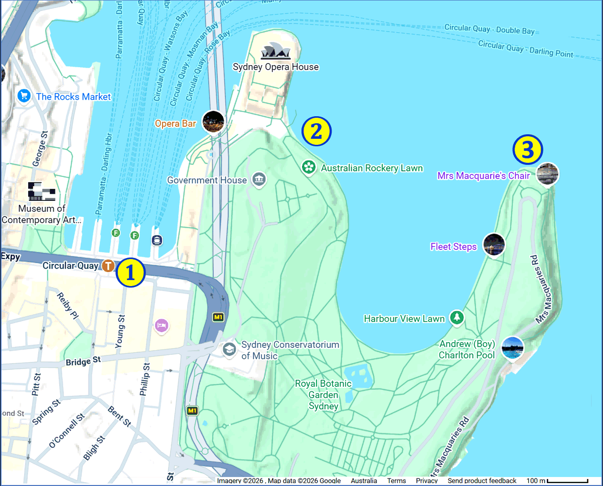 Google map showing the relative locations of Circular Quay, Sydney Royal Botanic Garden, and Mrs Macquarie’s Point