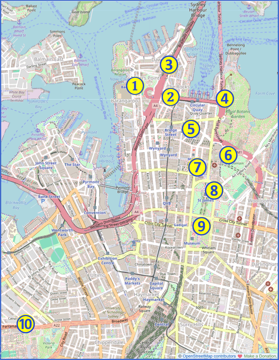 map showing the relative locations of Free museums in Sydney: 1.  Sydney Observatory; 2.  Susannah Place corner shop; 3.  The Rocks Discovery Museum; 4.  Justice & Police Museum; 5.  Museum of Sydney; 6.  Lucy Osburn-Nightingale Museum; 7.  The Mint; 8.  Hyde Park Barracks; 9.  Australian Museum; 10. Chau Chak Wing Museum 