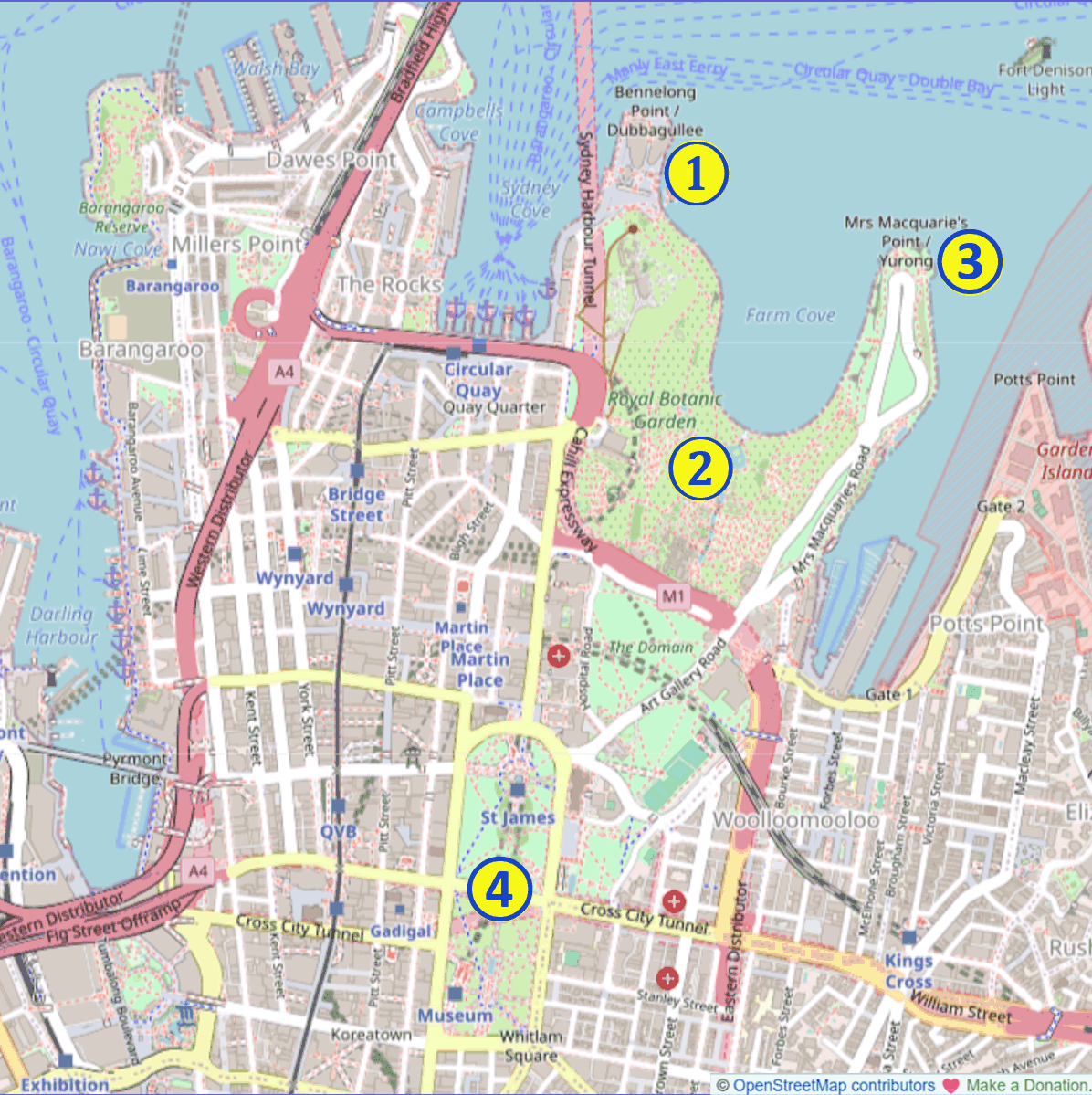 map showing the relative locations of Free Outdoor Activities 1-4: 1. Sydney Opera House; 2. Sydney Royal Botanic Garden; 3. Mrs Macquarie’s Chair; 4. Hyde Park