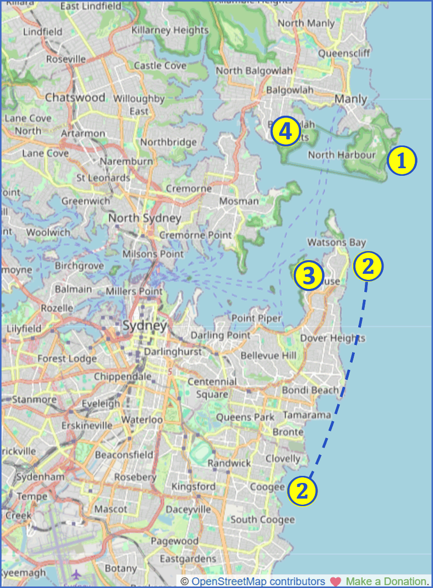 map showing the relative locations of Coastal and Harbour Foreshore walks: 1. between Manly and North Head; 2. between South Head and Coogee; 3. between Rose Bay and South Head; 4. between Spit Bridge and Manly