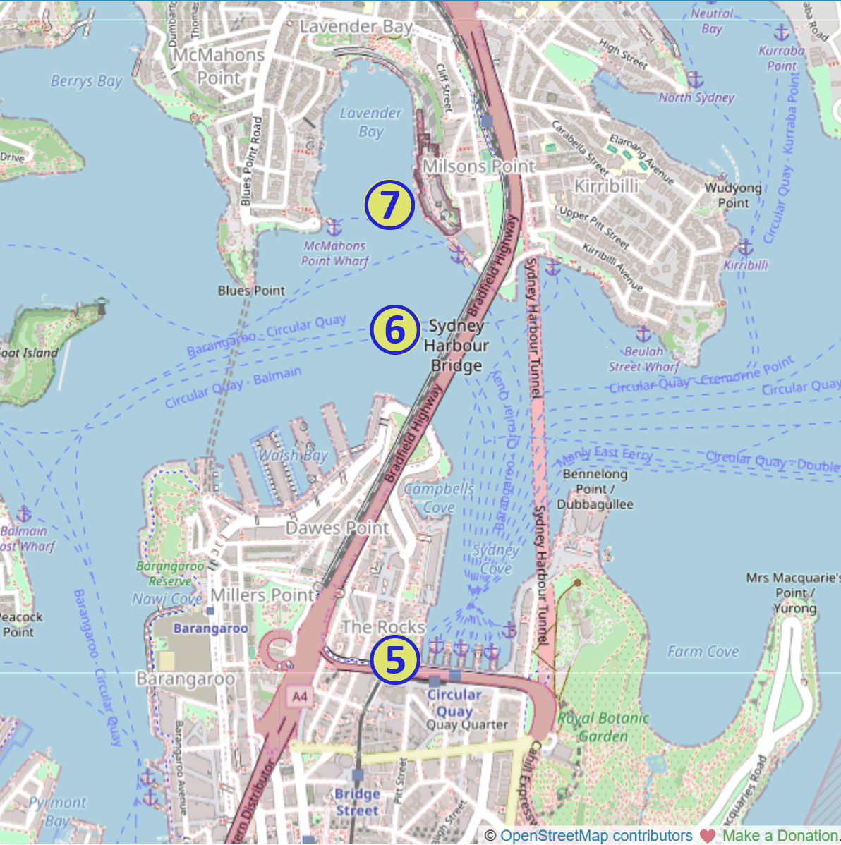 map showing the relative locations of Free Outdoor Activities 5-7: 5. Circular Quay; 6. Sydney Harbour Bridge; 7. Luna Park