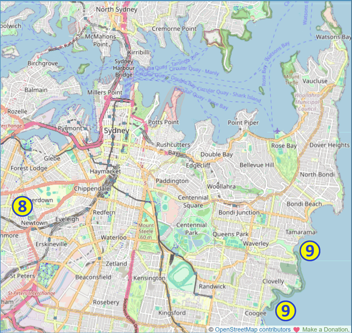 map showing the relative locations of Free Outdoor Activities 8, 9: 8. Street Art in Newtown; 9. Bronte Baths ocean pool, and Giles Baths rockpool (Coogee)