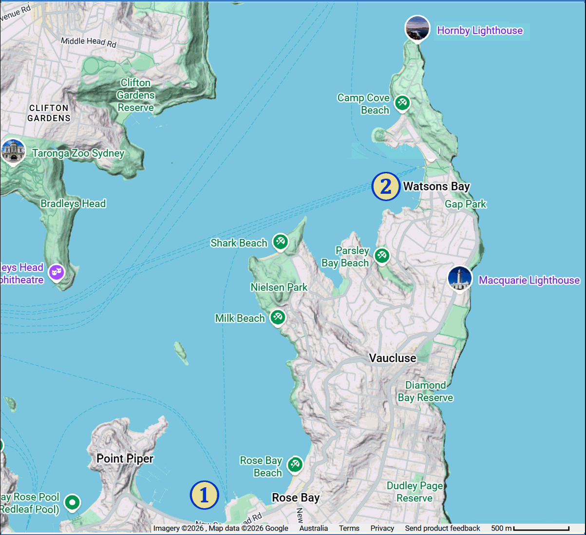 Google map showing the relative locations of ① Rose Bay and ② Watson’s Bay 