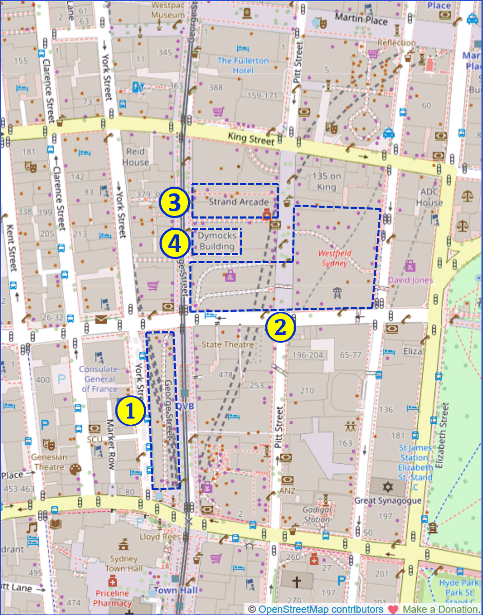 map showing the relative locations of CBD retail therapy sites: 1.  QVB – Queen Victoria Building; 2.  Westfield Sydney; 3.  Strand Arcade; 4.  Dymocks Building 