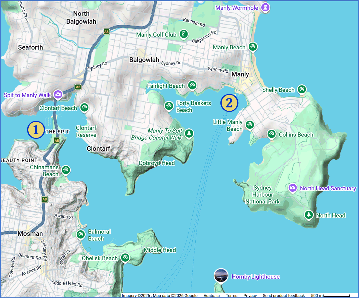 Google map showing  the relative locations of The Spit and Manly Wharf