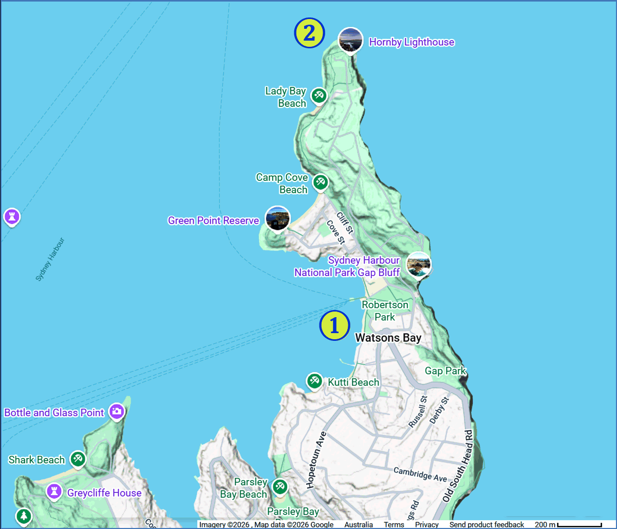 Google map showing the relative locations of Watson’s Bay and South Head