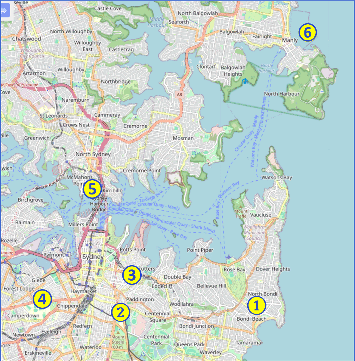 map showing the relative locations of weekend markets: 1.  Bondi Markets; 2.  Paddington Markets; 3.  Kings Cross Market; 4.  Glebe Markets; 5.  Kirribilli Markets; 6.  Manly Markets