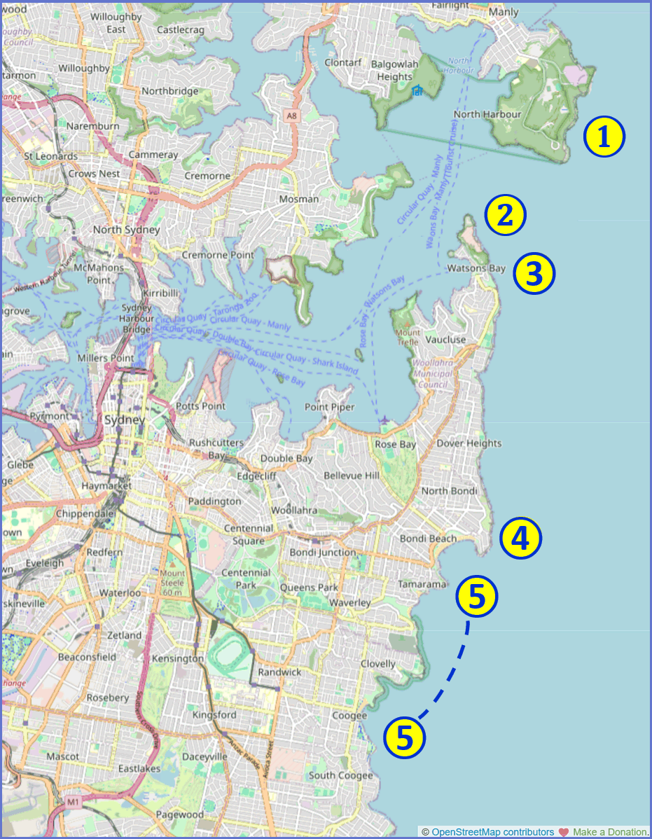 map showing the relative locations of whale watching spots along the Sydney coastline: 1.  North Head; 2.  South Head; 3.  The Gap; 4.  Ben Buckler Point; 5.  Bondi – Coogee coastal walkway 