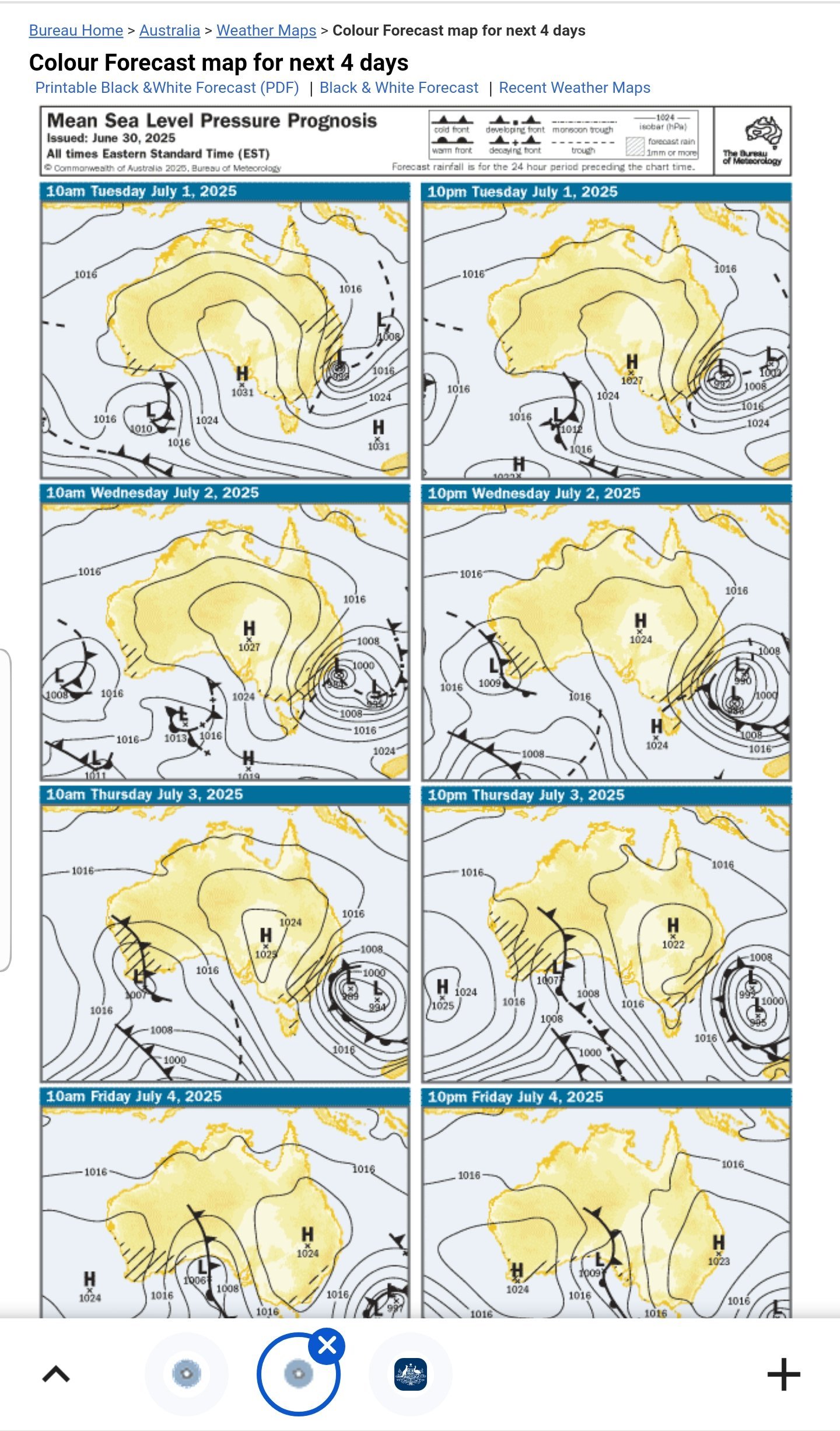 image of Bureau of Meteorology 4-Day forecast maps, showing an East Coast Low affecting Sydney