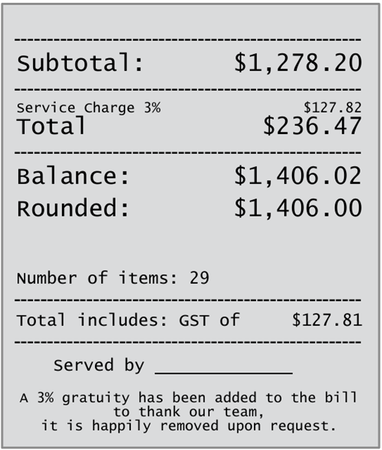 image showing a service charge/gratuity added to a Sydney restaurant bill for a table of 11 diners, August 2025; curiously, this bill does not include any surcharge