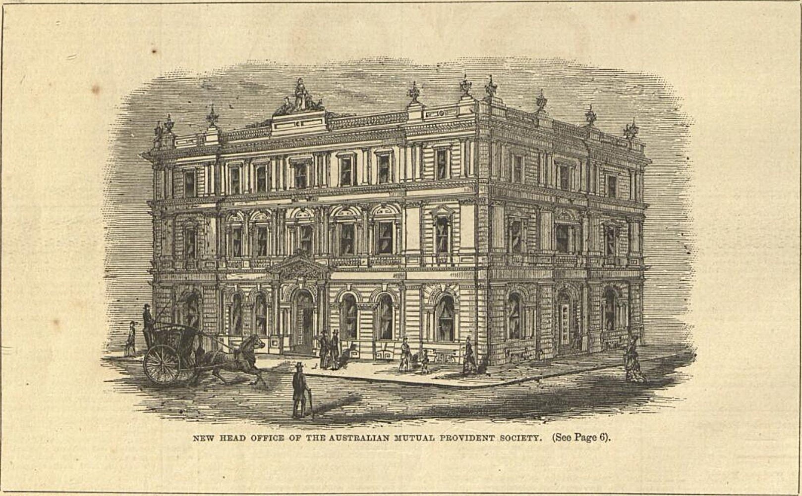 image of a drawing of the (then) new head office of the Australian Mutual Provident Society at 87 Pitt Street, sourced from The Bulletin-No 5 (28 Feb 1880), via Trove