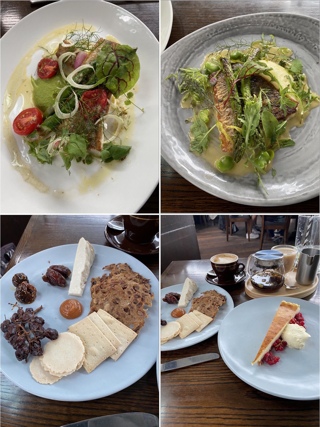 Collage of four images showing meal from Cafe Sydney: - top-left = grilled salmon; top-right = grilled baramundi; bottom-left = cheeseplate; bottom-right = dessert and coffee