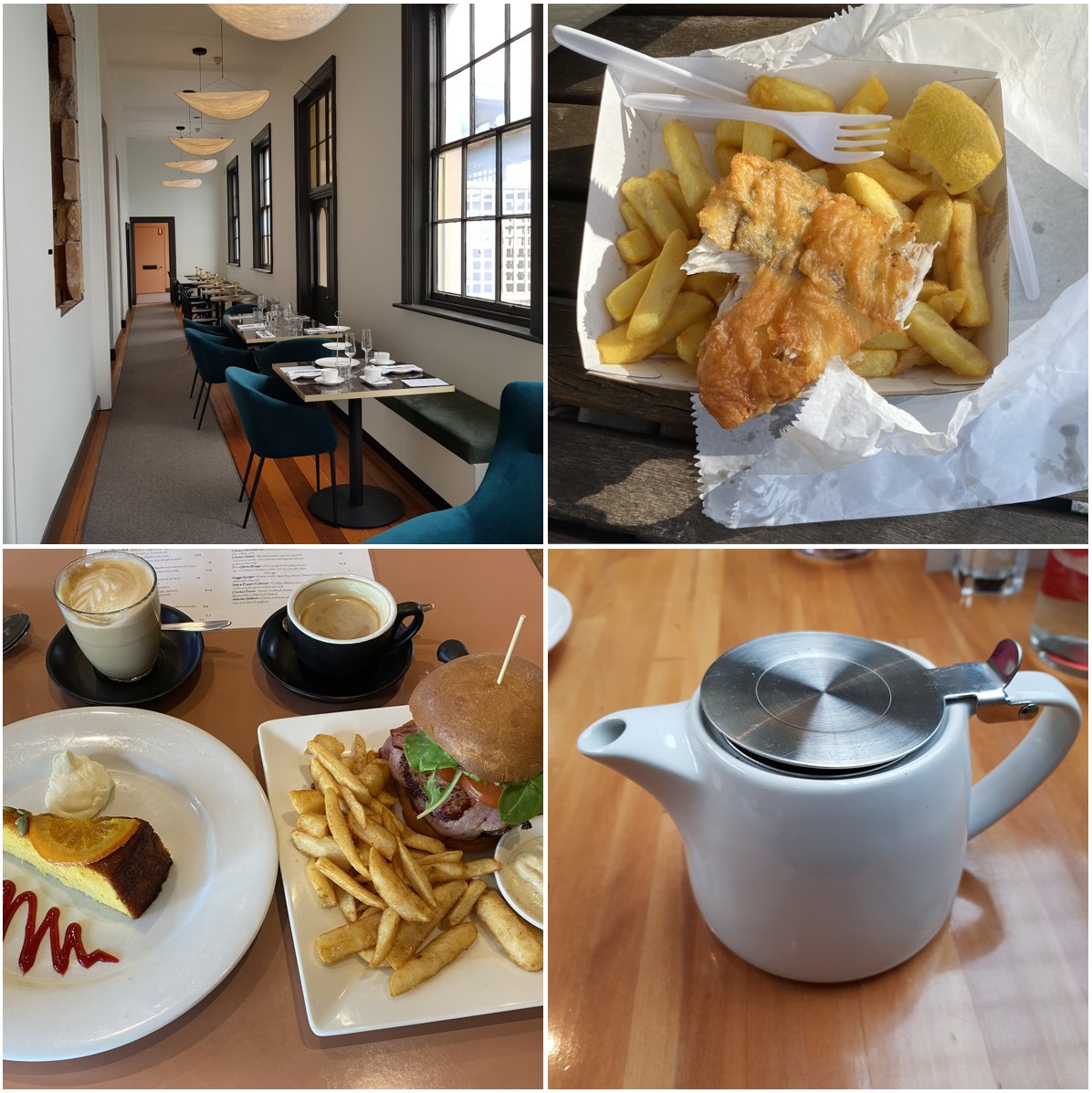 Collage of four images related to dining out: - top-left = a dining area at The Mint, Sydney; top-right = takeaway fish and chips, Bondi Beach; bottom-left = a lunchtime snack, (old) MCA rooftop cafe, Sydney; bottom-right = a tea pot, Fullerton Hotel, Sydney