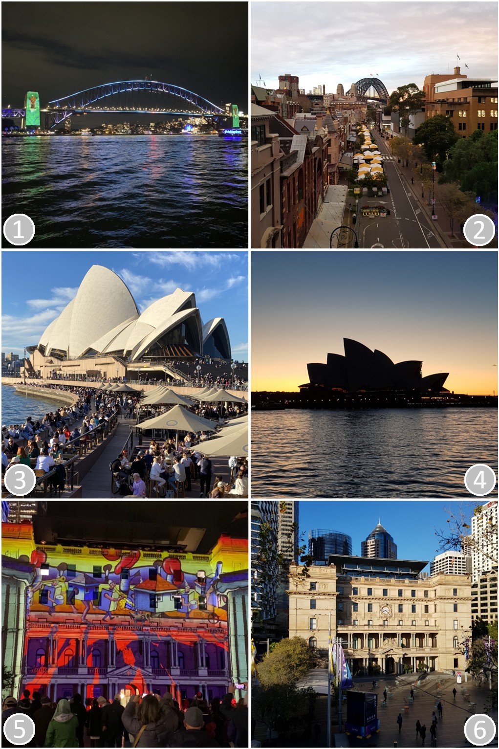 Collage of six scenes of Sydney, all taken during winter - top-left = Sydney Harbour Bridge, Vivid Light Festival; top-right = a view along George Street at The Rocks; middle-left = Sydney Opera House, mid-winter weekend; middle-right = Sydney Opera House, mid-winter sunrise; bottom-left =Vivid Light Festival display on Customs House; bottom-right = Customs House in the early morning sun