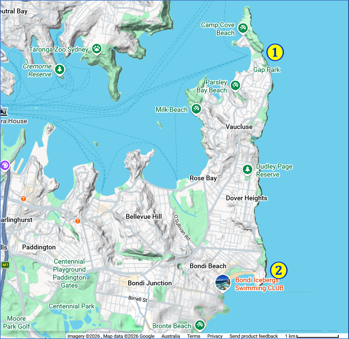 Google map showing the relative locations of The Gap (Watson’s Bay) and North Bondi