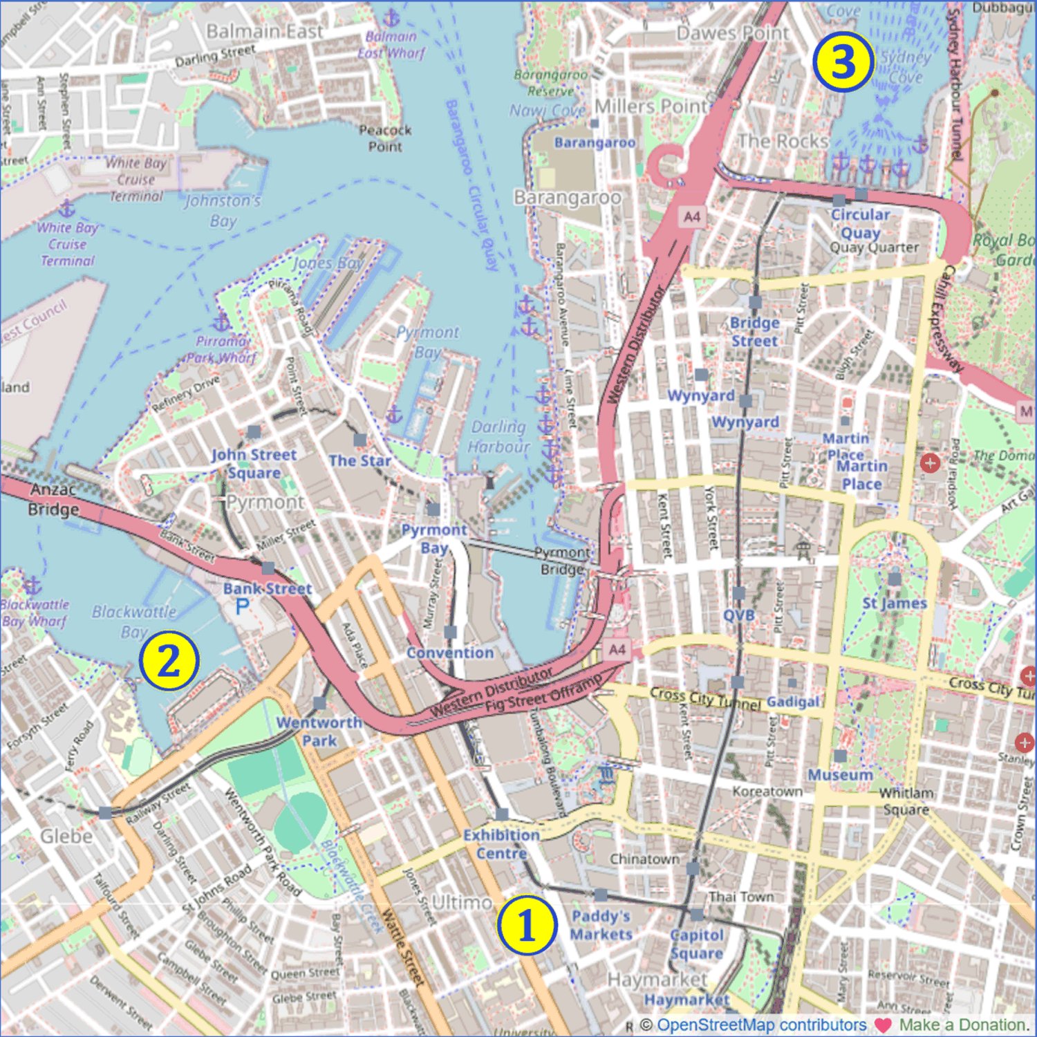map showing the relative locations of three inner-city markets: 1.  Paddy’s Market; 2.  Sydney Fish Market; 3.  The Rocks Markets