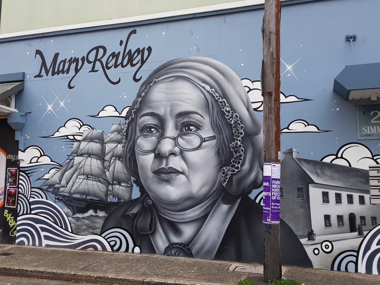 image taken in Newtown (Sydney suburb), showing a street art painting of Mary Reibey, Australian Pioneer BusinessWoman