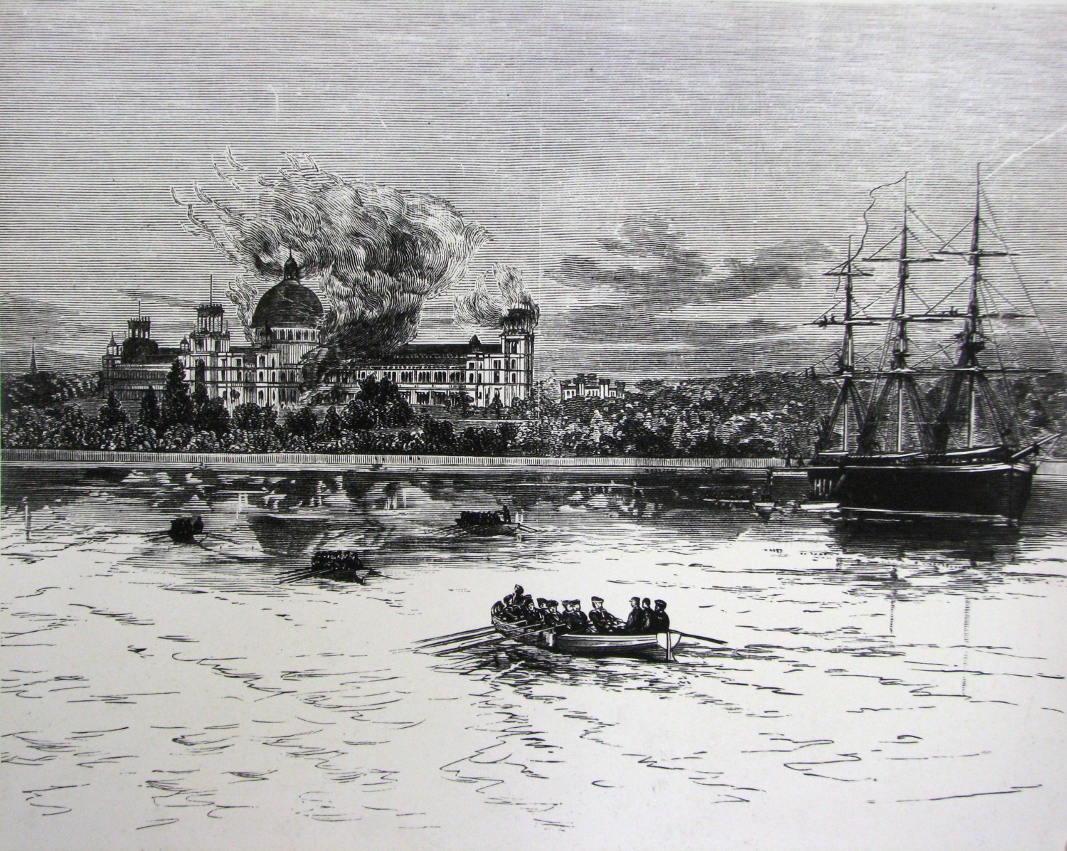 image showing drawing of the Garden Palace consumed by fire, Royal Botanic Gardens Sydney, 1882 